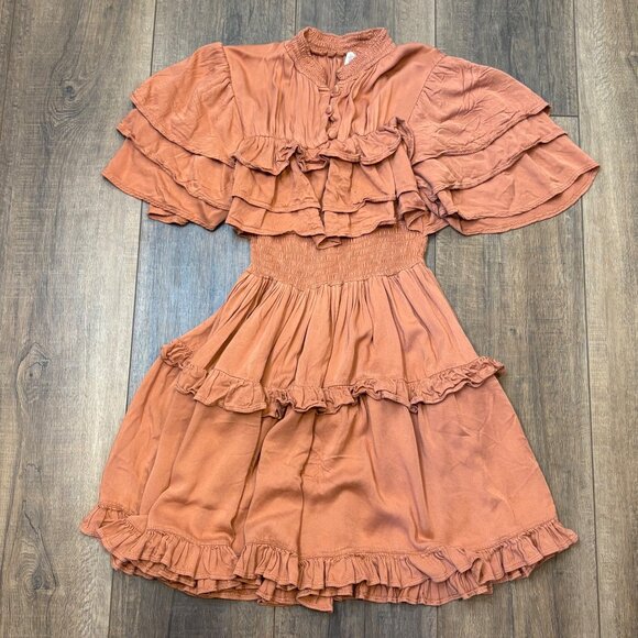 Women’s Ruffle Tiered Dress Smock Waist Romantic Dress Rust Brown BaliElf Hand - Picture 7 of 10
